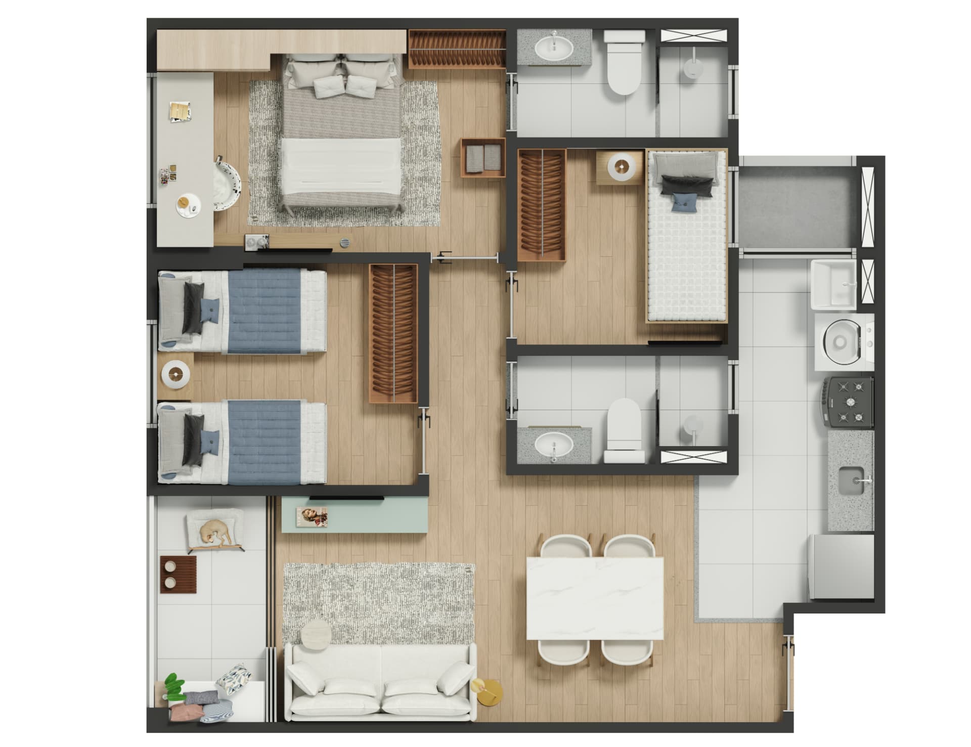 Planta baixa do apartamento de 3 ambientes com até 59,93 m² do Fantastique Prime II