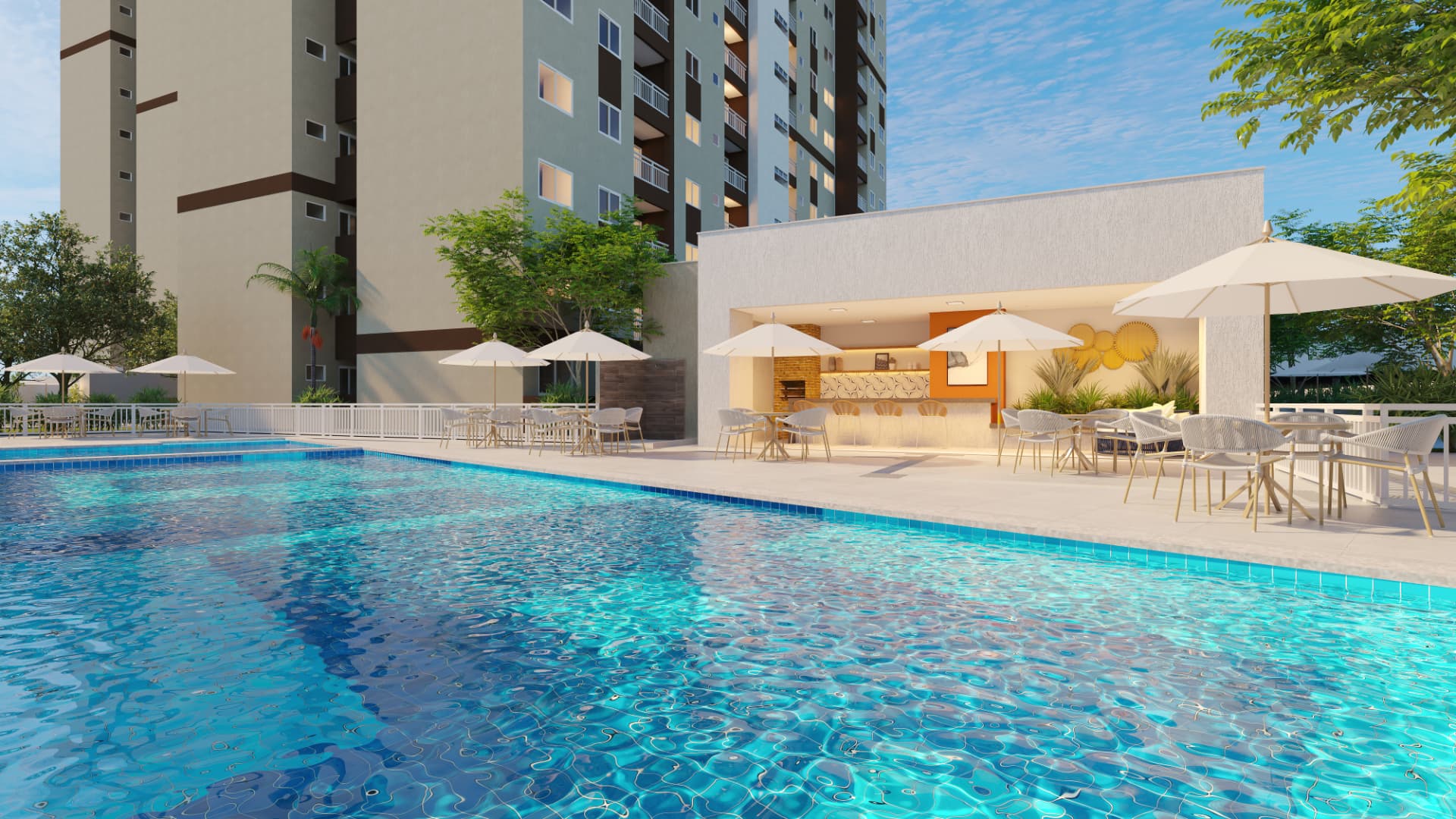 Piscina do Fantastique Prime II com deck e área de convivência