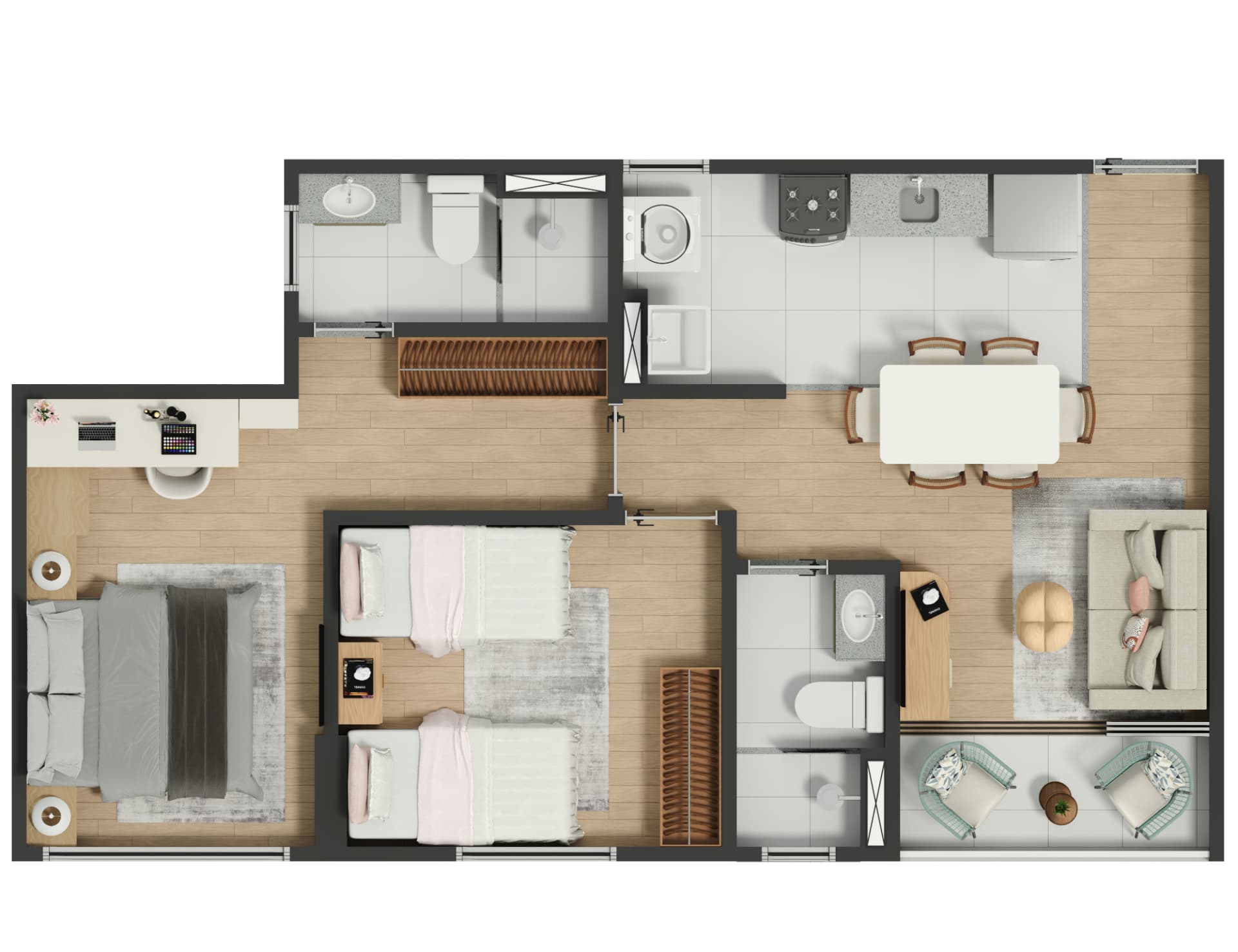 Planta baixa do apartamento de 2 quartos com 51,66 m² do Fantastique Prime II
